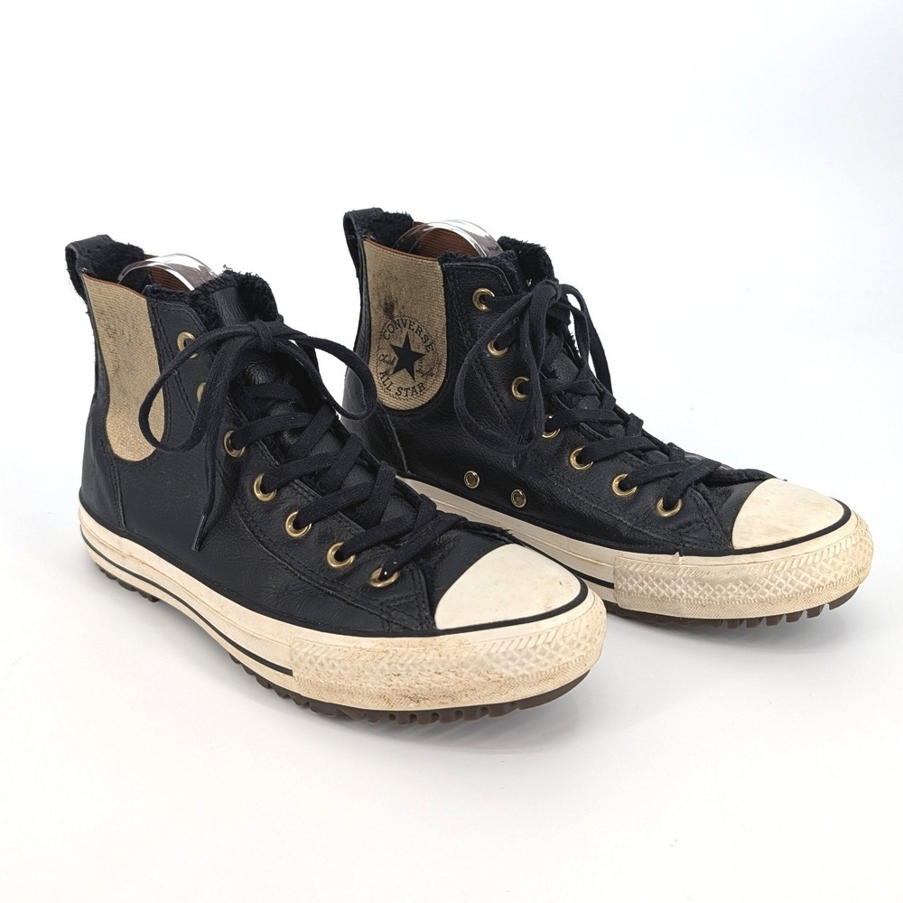 Converse Chuck Taylor All Star Black Leather High Top Sneakers Boot Women 8 - Picture 3 of 8